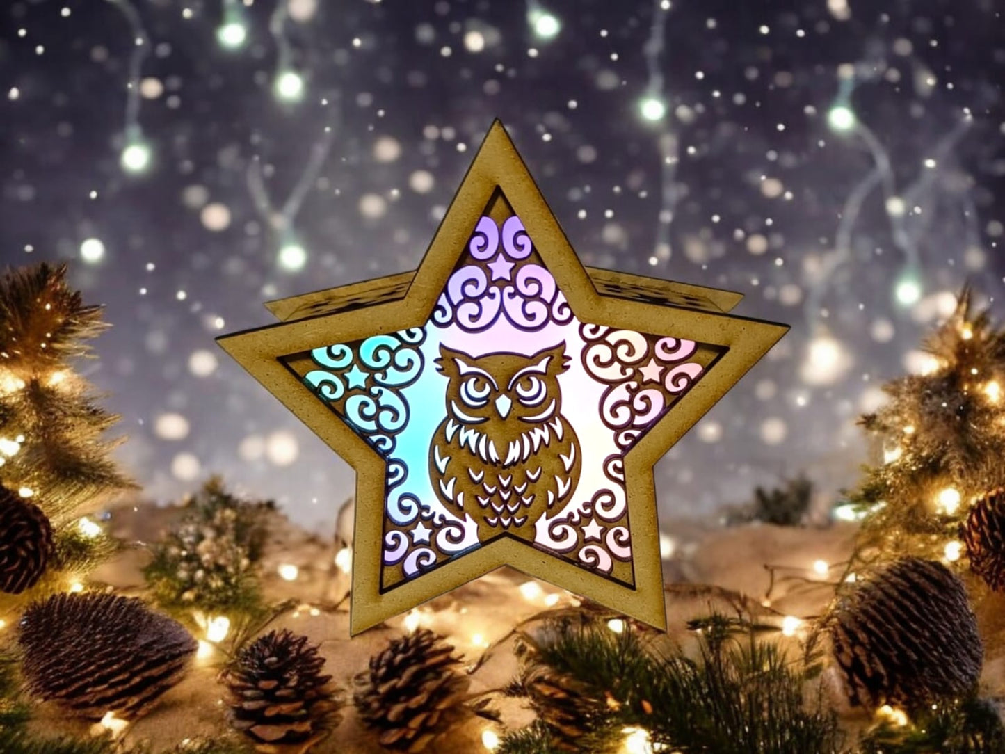 Lámparas de Estrella en Madera Calada - Nacimiento de Jesús y Búho Navideño Decoración y Regalos Personalizados
