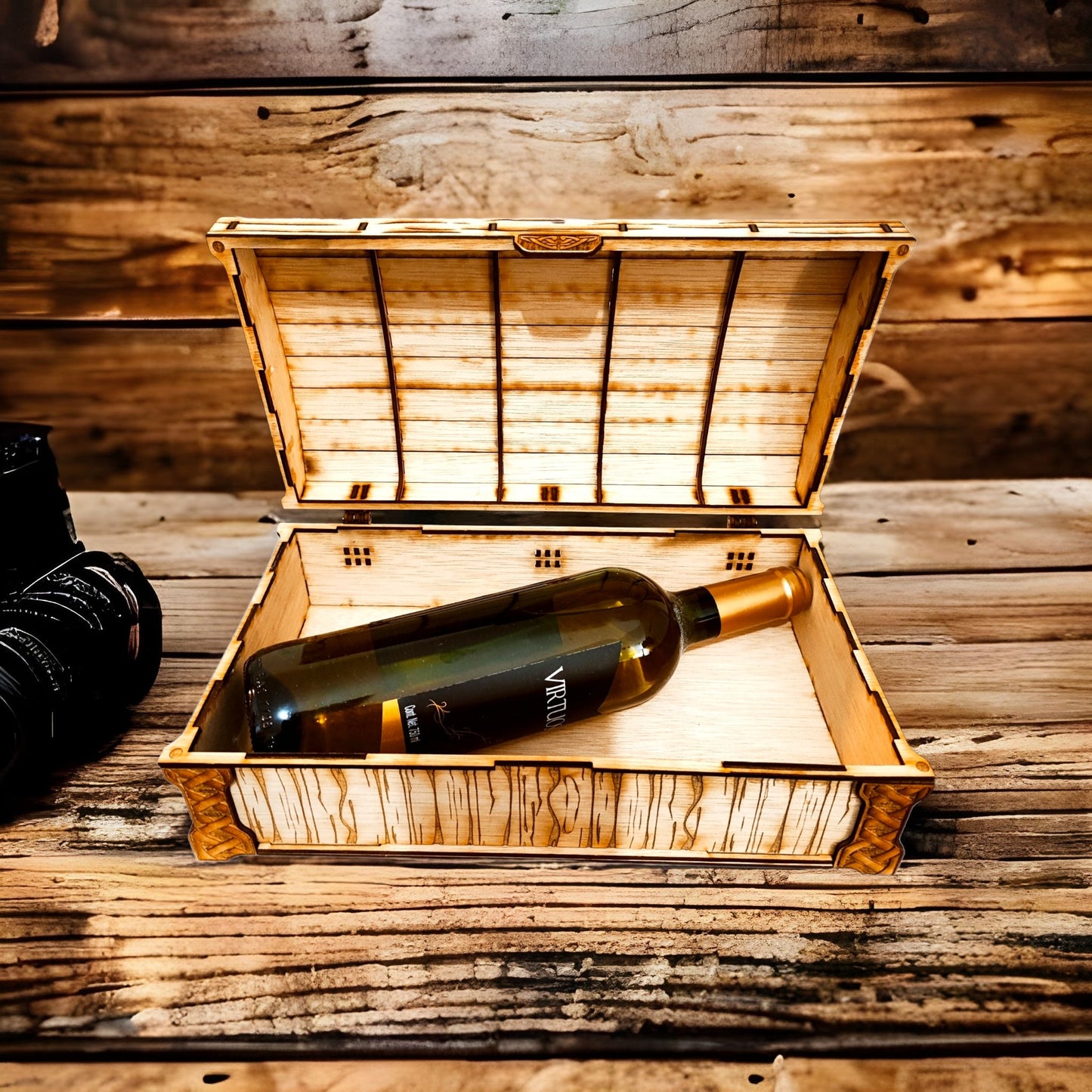 "Caja de whiskey en forma de baúl con grabado personalizado en madera" - fusoregalos
