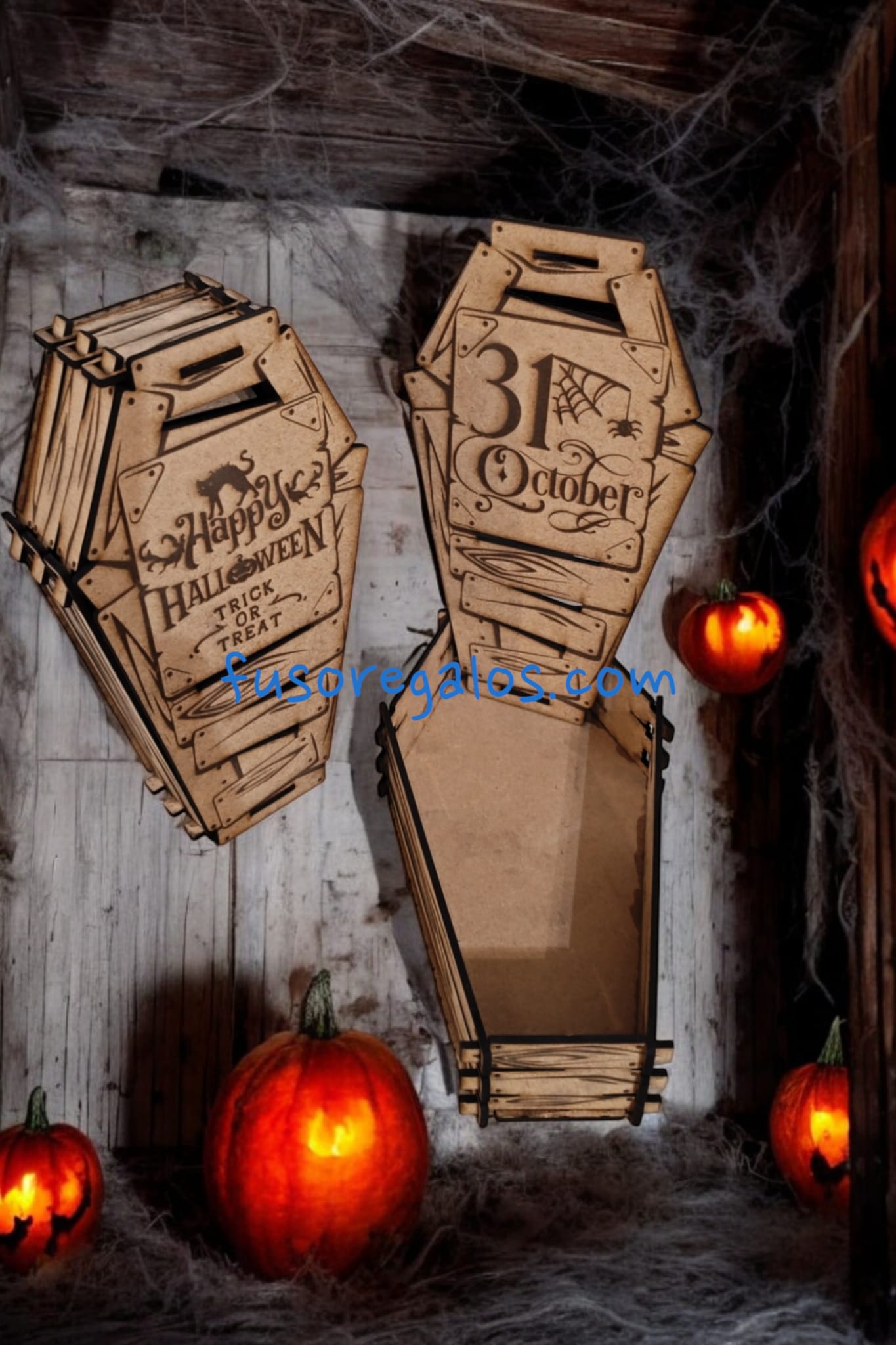 "Cajas de Madera en Forma de Ataúd para Chuches de Halloween – Decoración y Dulces Personalizados