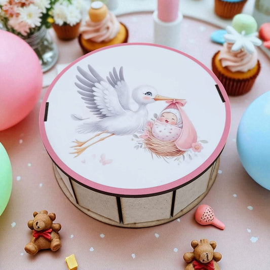 Caja de Regalo Personalizada para Bebé – Cigüeña en Madera y Tapa a Color
