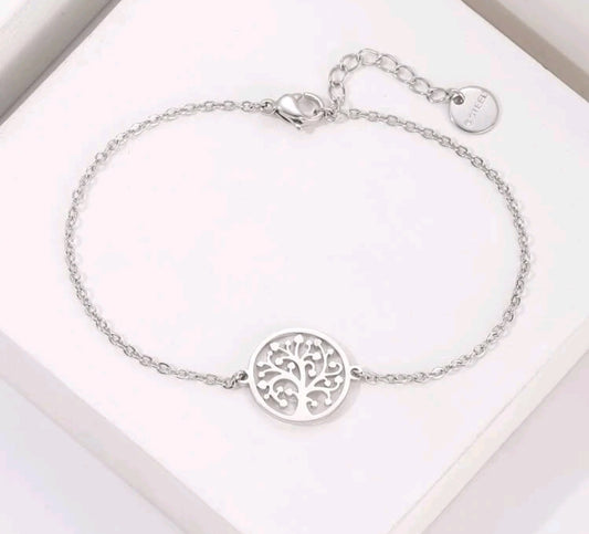 "Pulsera de Acero Inoxidable con Encanto de Árbol: Elegancia Ajustable"