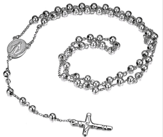 "Collar de Acero Inoxidable con Colgante de Jesús y Cuentas Plata: Estilo Espiritual"