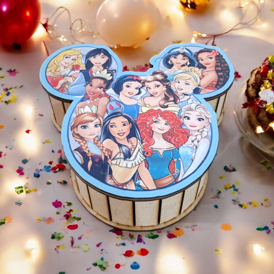 🎯 Caja de Madera en Forma de Mickey Mouse con Tapa de Princesas Disney – Regalo Original para Niñas