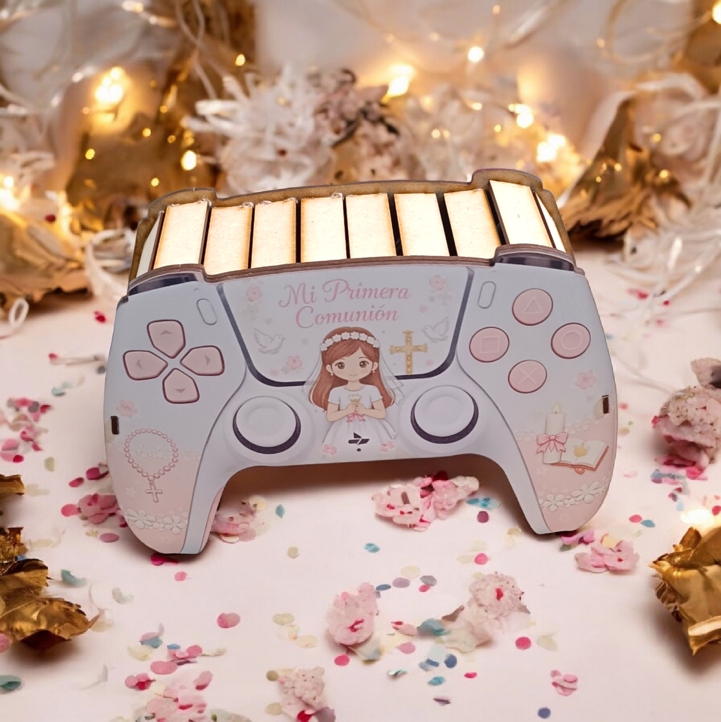 Caja de Madera con Forma de Mando PS5 – Diseño Niña de Comunión en Rosas y Blancos