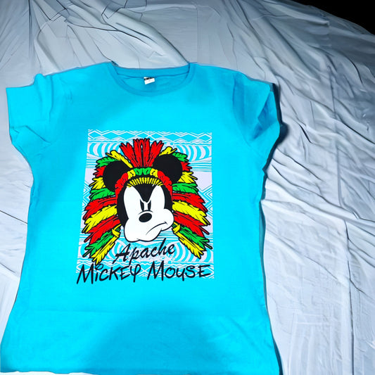 "Camiseta azul claro con diseño estampado de Mickey Mouse Apache, talla L para mujer" - fusoregalos