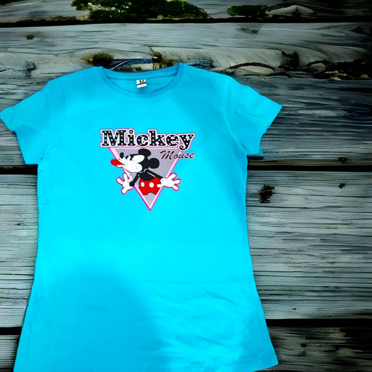 "Camiseta de algodón con diseño de Mickey Mouse en azul claro, talla L para mujer" - fusoregalos