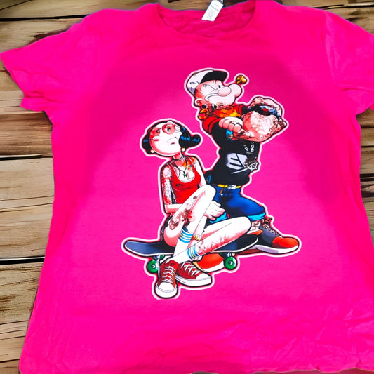 "Camiseta talla 2XL de fucsia para mujer con diseño estampado de Olivia y Popeye" - fusoregalos